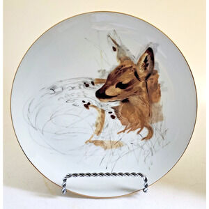 PLATE-SALAD/DESSERT-ENESCO-WOODLAND HAVEN-Fawn-Deer-Gold Tone Rim-8"